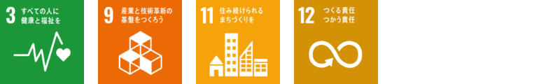 3すべての人に健康と福祉を 9産業と技術革新の基盤をつくろう 11住み続けられるまちづくりを 12つくる責任つかう責任