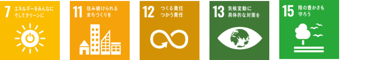 7エネルギーをみんなにそしてクリーンに 11住み続けられるまちづくりを 12つくる責任つかう責任 13気候変動に具体的な対策を 15陸の豊かさも守ろう