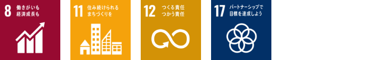 8働きがいも経済成長も 11住み続けられるまちづくりを 12つくる責任つかう責任 17パートナーシップで目標を達成しよう